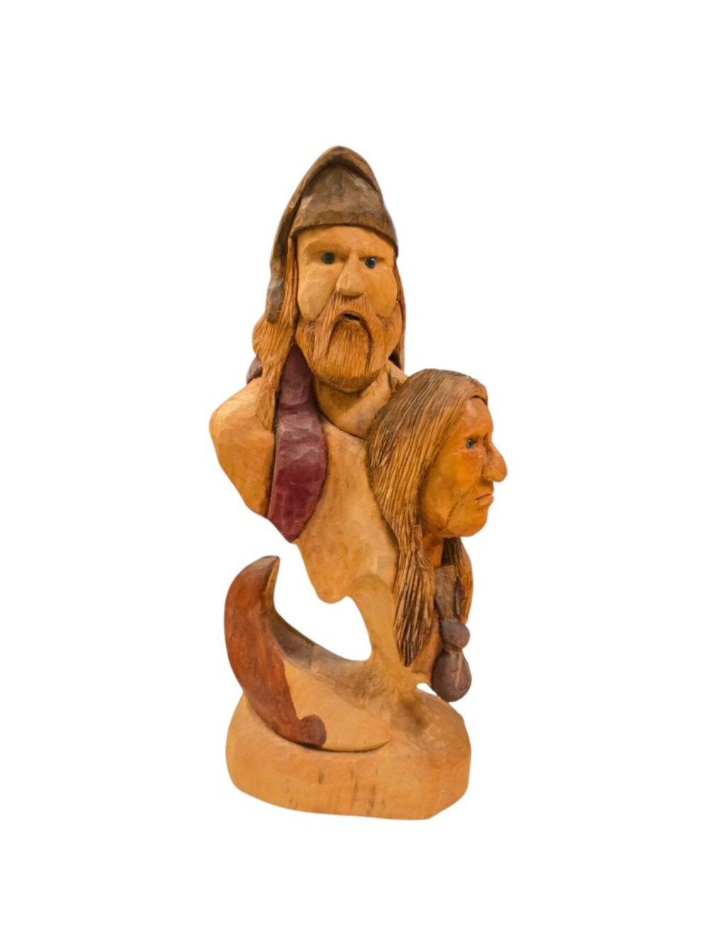 Carved Sculpture Of Two Faces Viking Native American Signed Art Handmade Rustic
